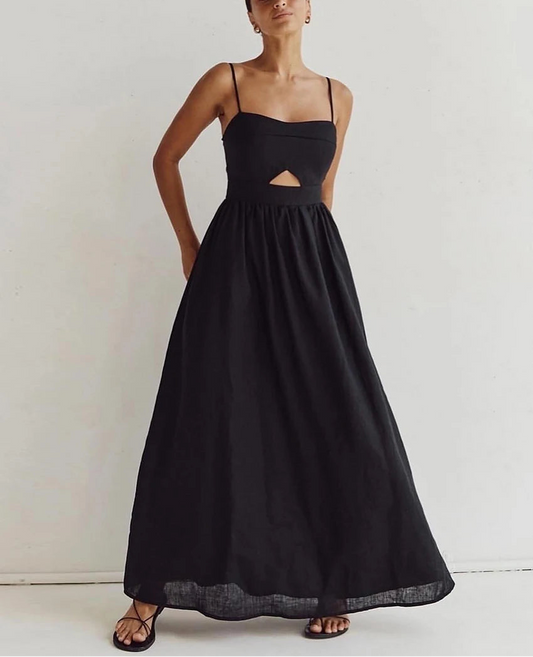 A-Line Cotton Black Cutout Maxi Dress With Pockets