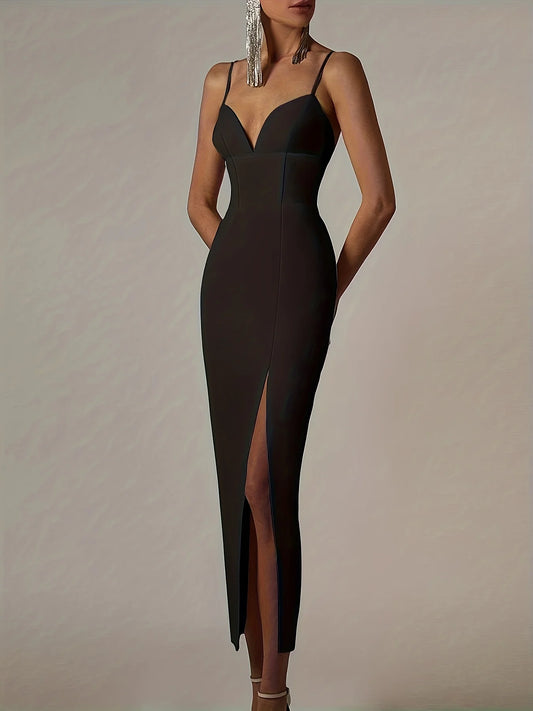 Spaghetti Straps Side Split Long Black Bandage Dress