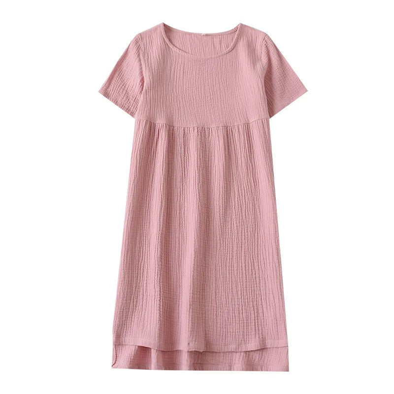 Round Neckline Sleepshirt Short Sleeve Nightgowns Gauze Cotton Nightdress