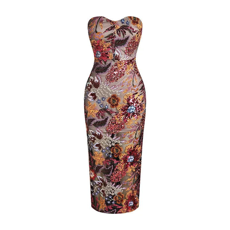 Strapless Sequin Floral Long Dress – Ankle-Length Gown