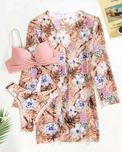 Floral 3 Pieces Low Waist Bikini Set with a Matching Cover-up Kimono