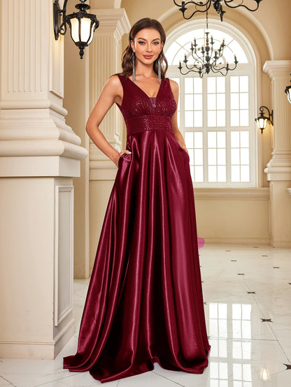 Sleeveless Satin Sequin Evening Dress - Deep V-Neckline Formal Gown