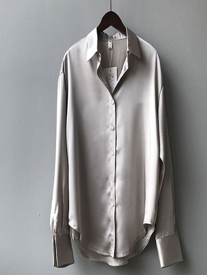 Loose Fit Metallic Colors Button Up Silk Shirt Blouse