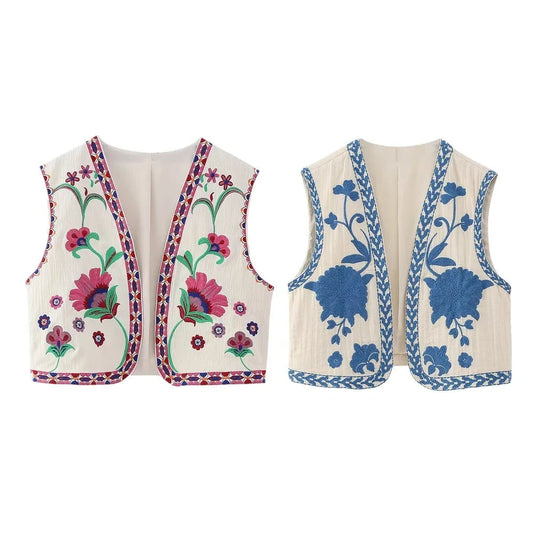 Floral Embroidered Open Crop Vest Top