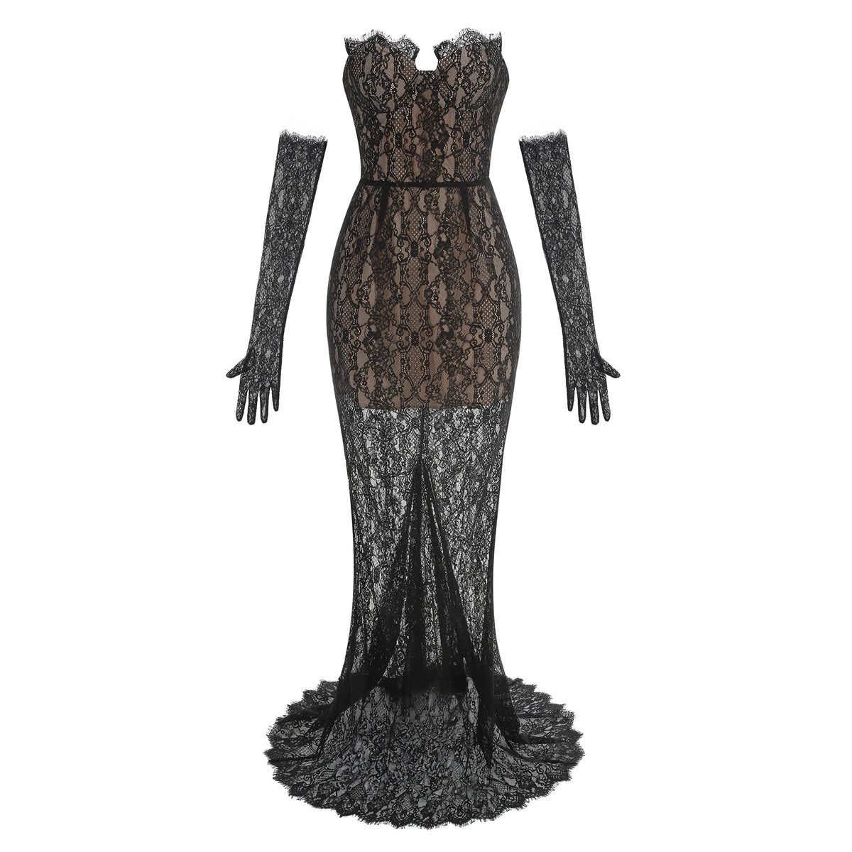 Strapless Lace Black Tie Gown Dress with Matching Lace Gloves