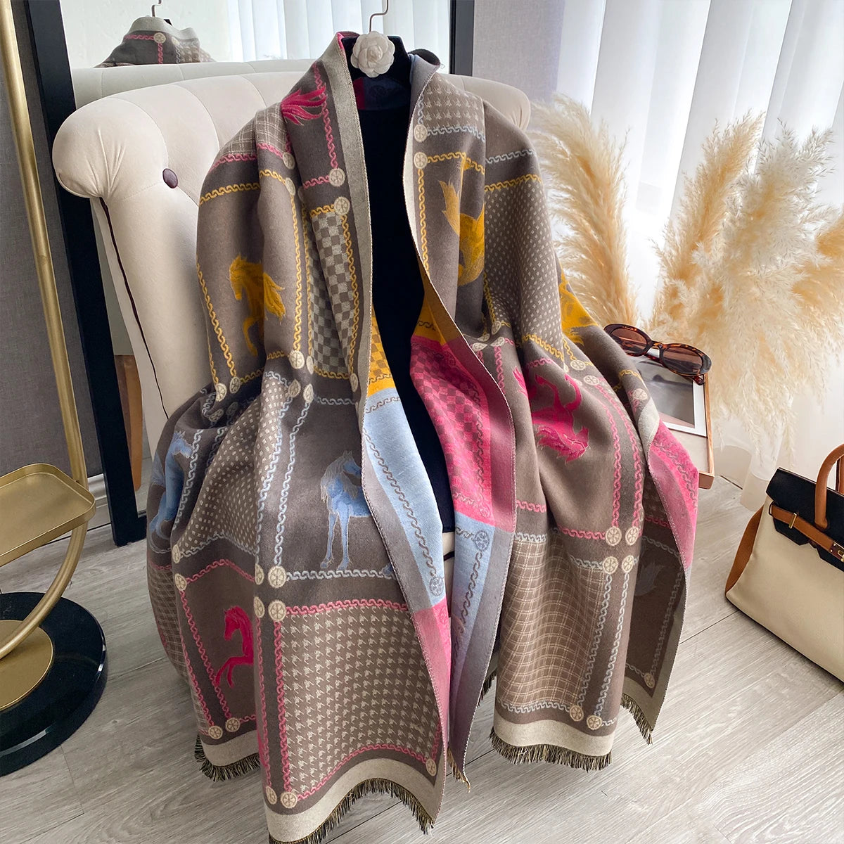 Double-Sided Horses Print Scarf