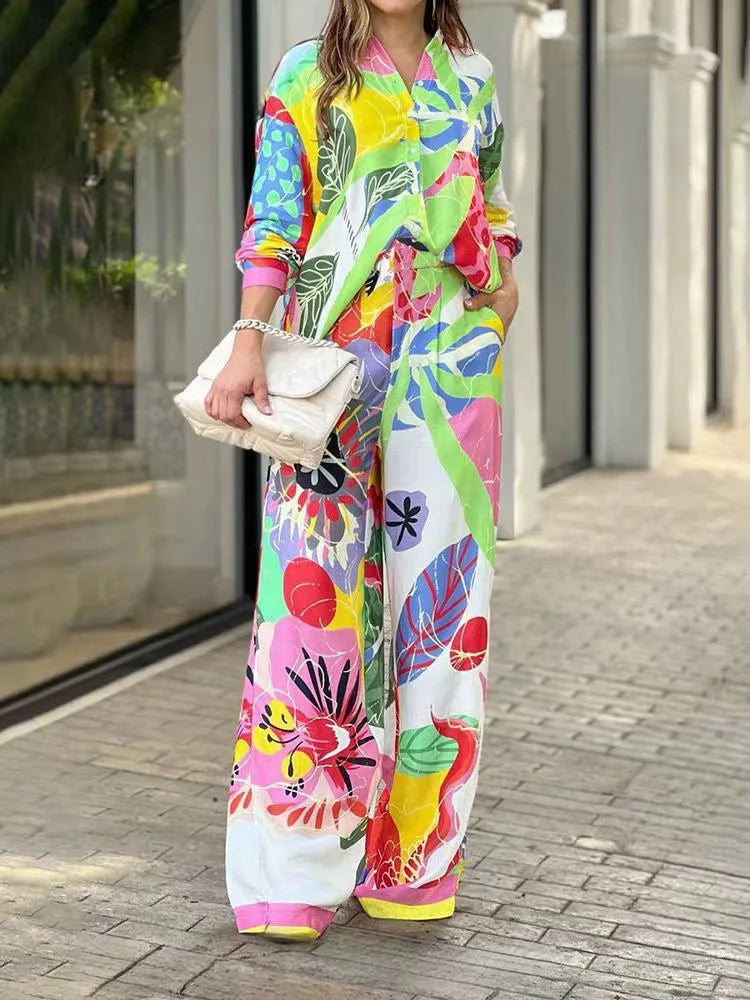 Casual High Waist Trousers and Long Sleeve Shirt Set