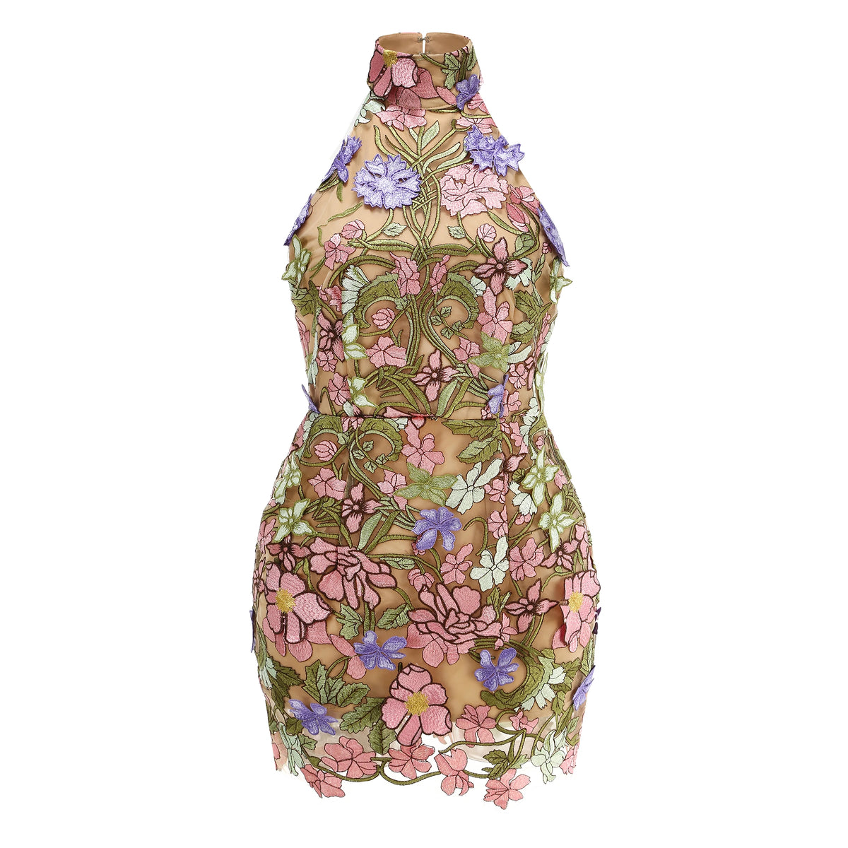 Floral Embroidery Halter Neckline Mini Dress