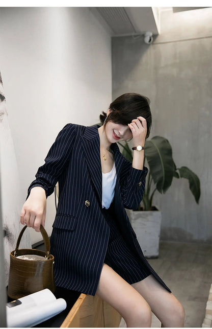 Navy Blue Striped Loose Cut Blazer and Shorts Suit