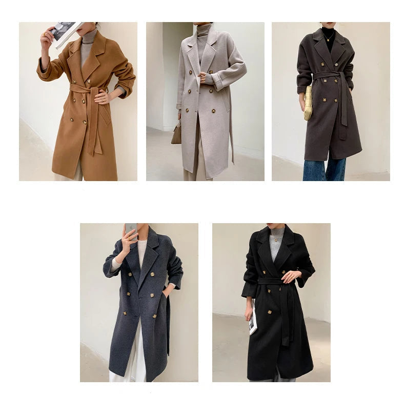 A color display chart showing five long double-breasted belted coats in different colors: camel brown, light camel, charcoal, dark gray, and black. Each panel shows a model wearing the coat, 