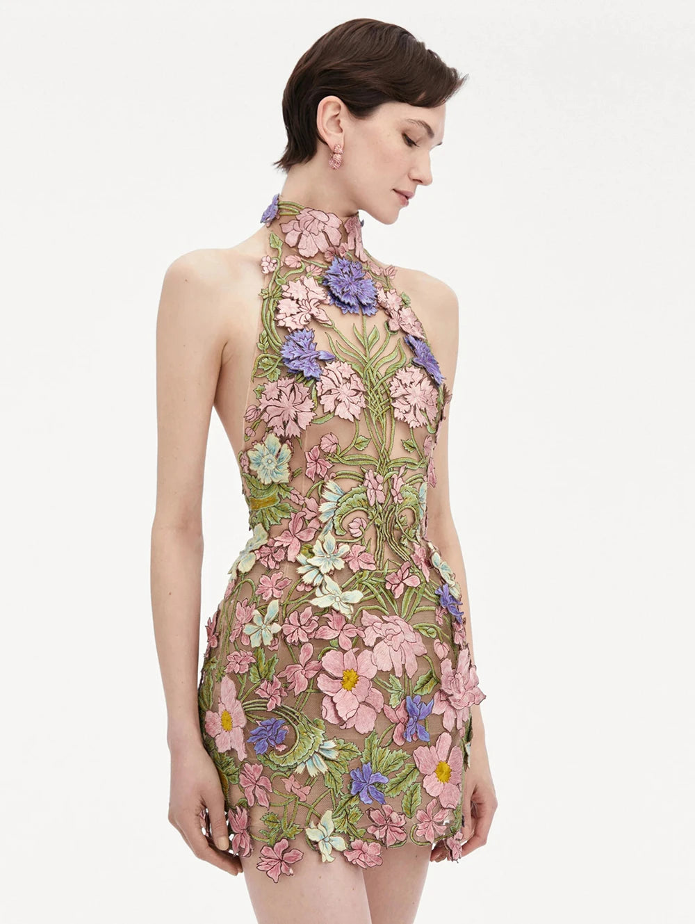 Floral Embroidery Halter Neckline Mini Dress