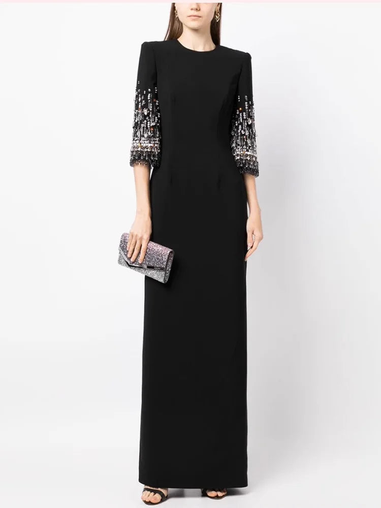 Beaded Haute Couture Floor-Length Dress – 3/4 Sleeves, Formal Elegance