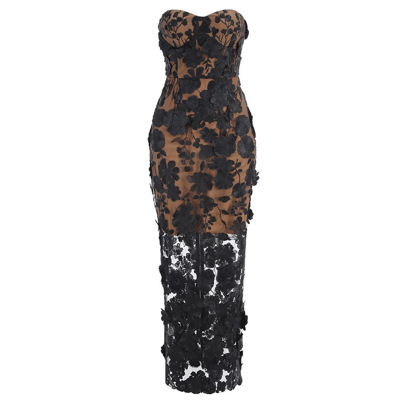 Strapless Embroidered Floral Long Dress