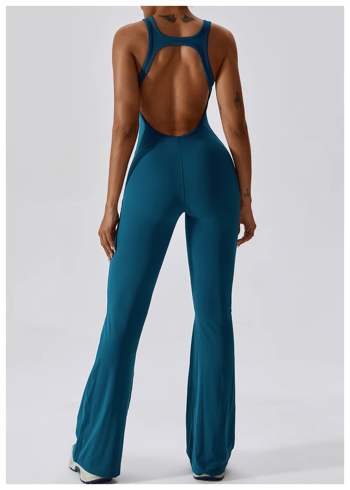 V Neckline Back Cut Out Flare Workout Jumpsuit