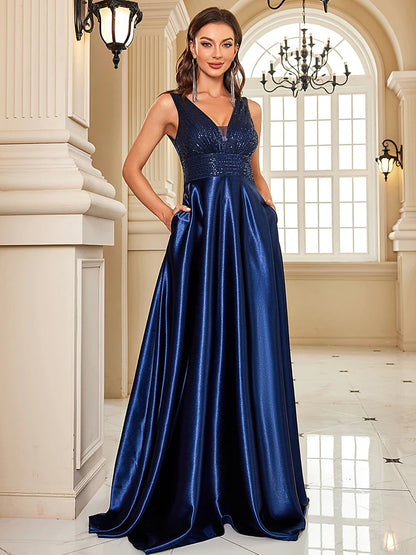 Sleeveless Satin Sequin Evening Dress - Deep V-Neckline Formal Gown