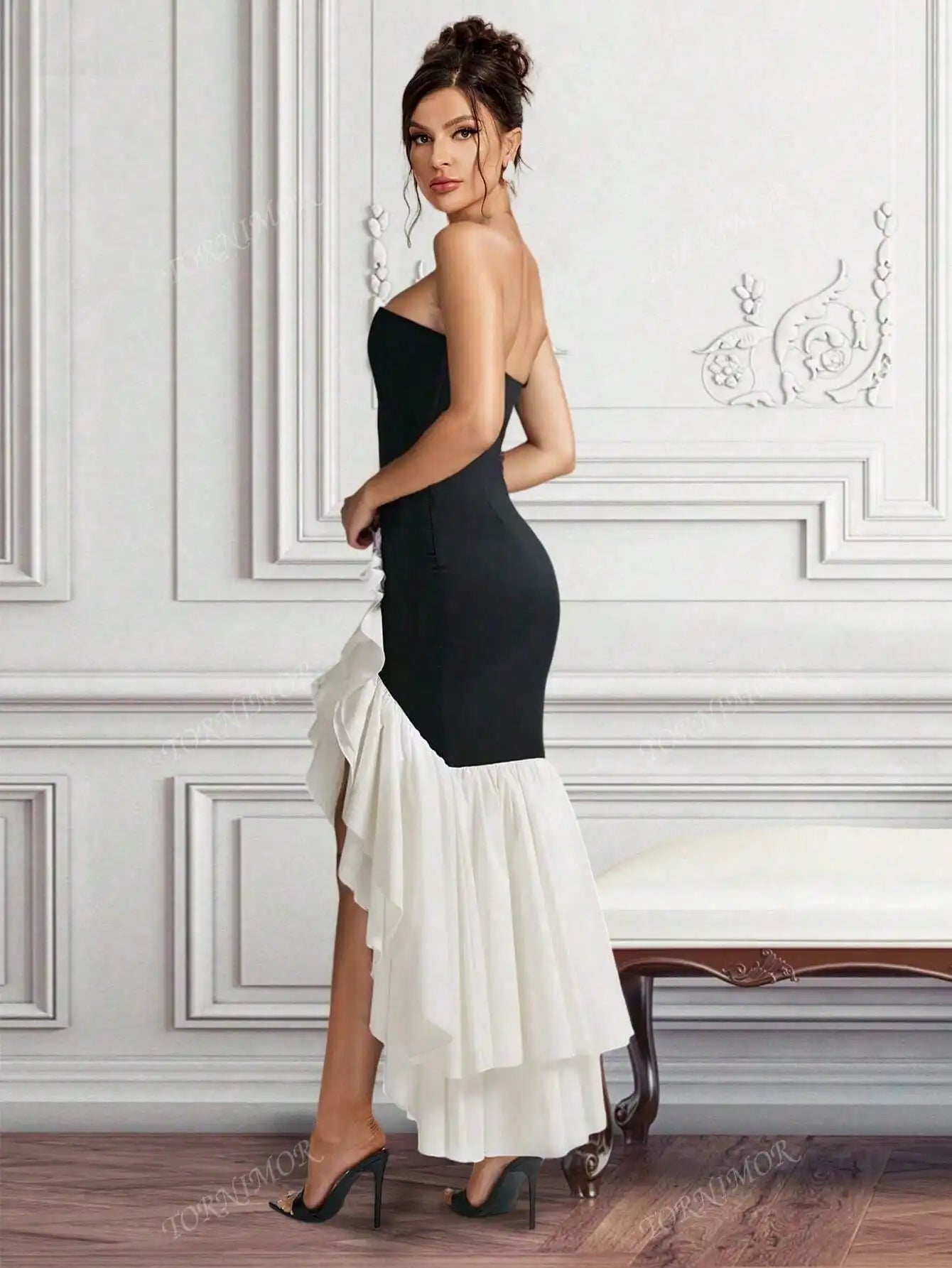 Strapless Black and White Mermaid Black Tie Dress