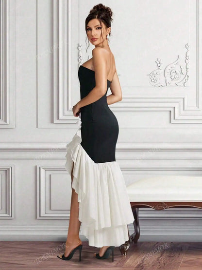 Strapless Black and White Mermaid Black Tie Dress