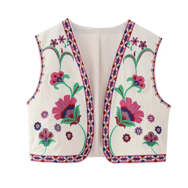 Floral Embroidered Open Crop Vest Top