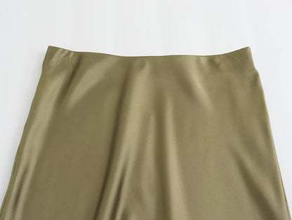 A-Line High Waist Satin Midi Skirt