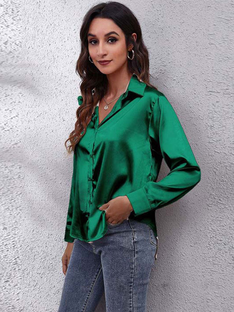 Loose Fit Satin Long Sleeve Button Up Blouse Shirt