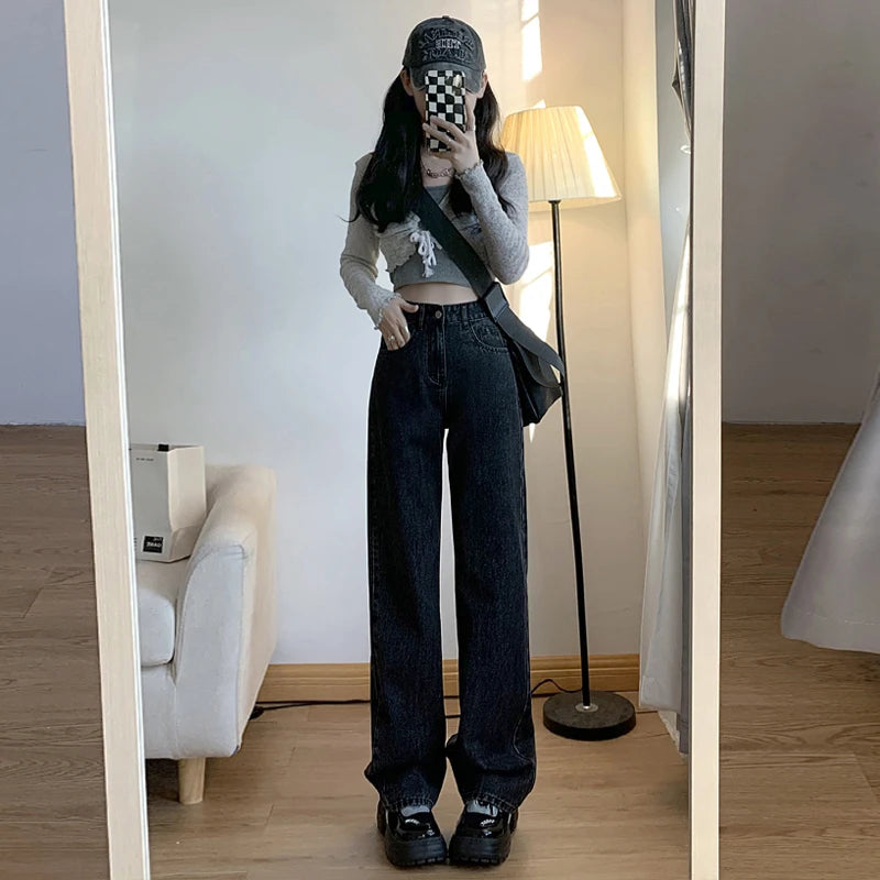 High Waist Straight Leg Denim Trousers