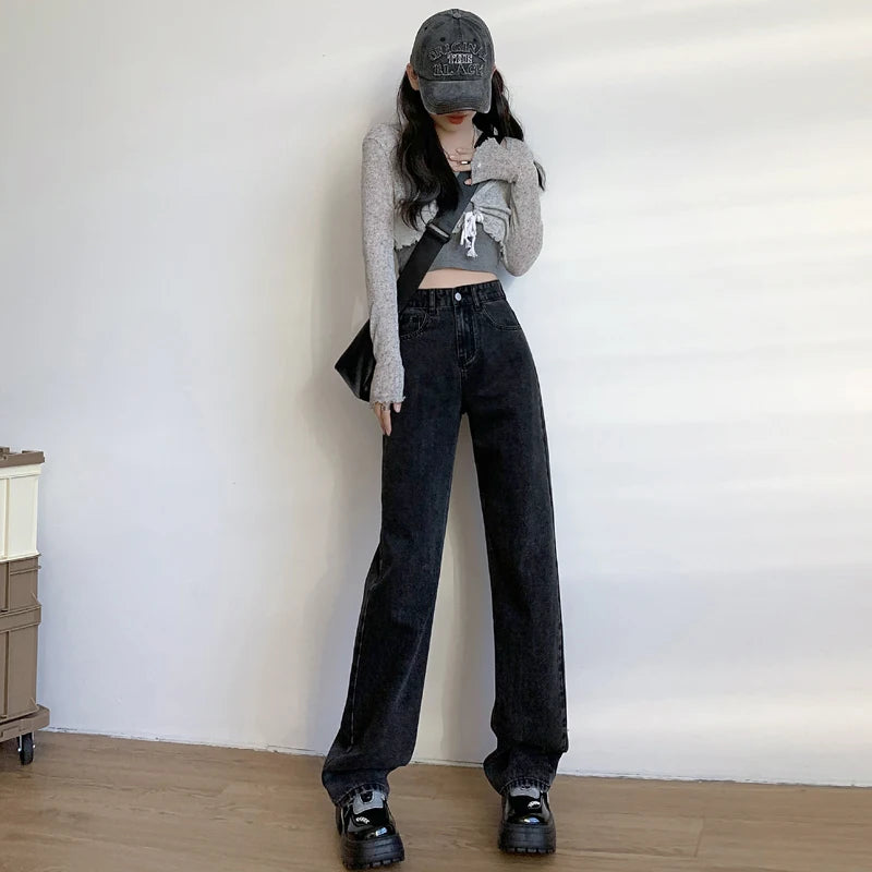 High Waist Straight Leg Denim Trousers