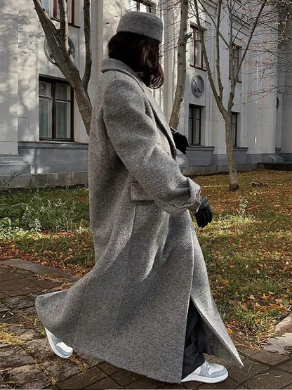 Very Long Oversize Gray Double Breasted Coat