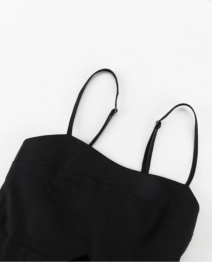 A-Line Cotton Black Cutout Maxi Dress With Pockets