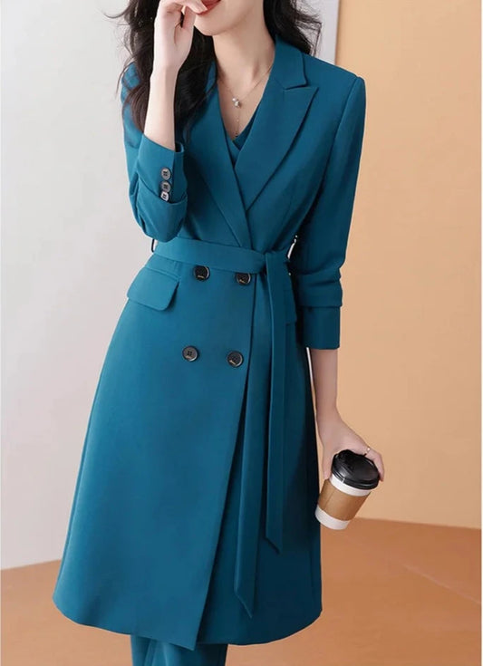 Women 2 Pcs Formal Suit Long Blazer and Straight Pants Suit