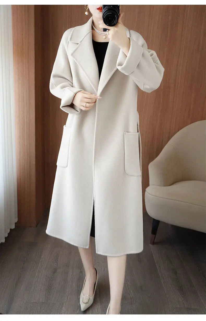 100% Cashmere-Wool Blend Belted Long Overcoat