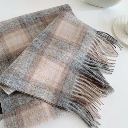 100% Wool Brown and Grey Plaid Scarf