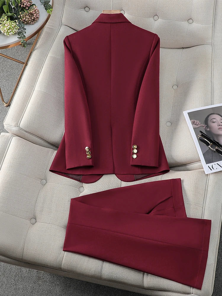 Women’s Formal Pant Suit with Wide Leg Trousers & One-Button Blazer