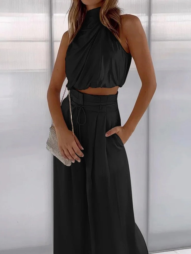 Sleeveless Cropped Top and Wide Leg Trousers Set