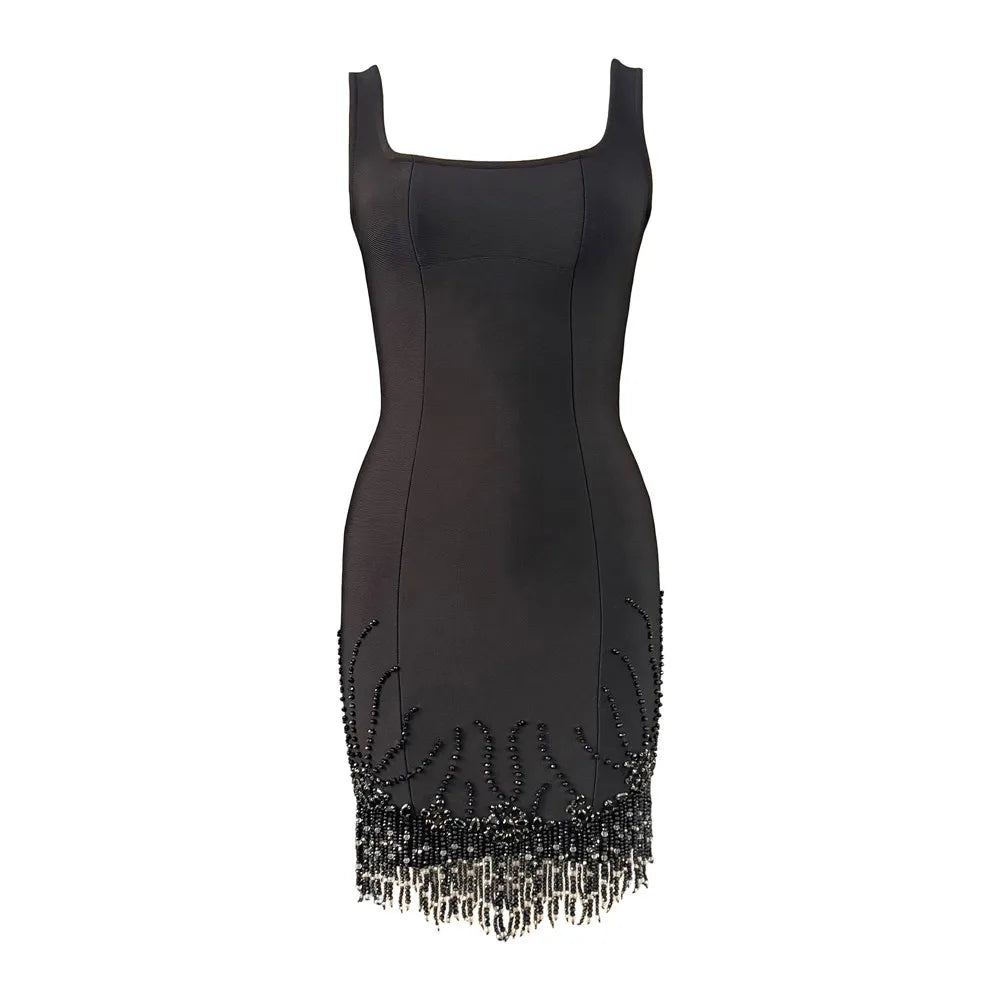 Beaded Tassel Square-Neck Mini Bandage Dress