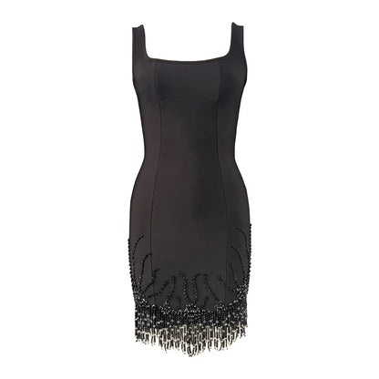Beaded Tassel Square-Neck Mini Bandage Dress