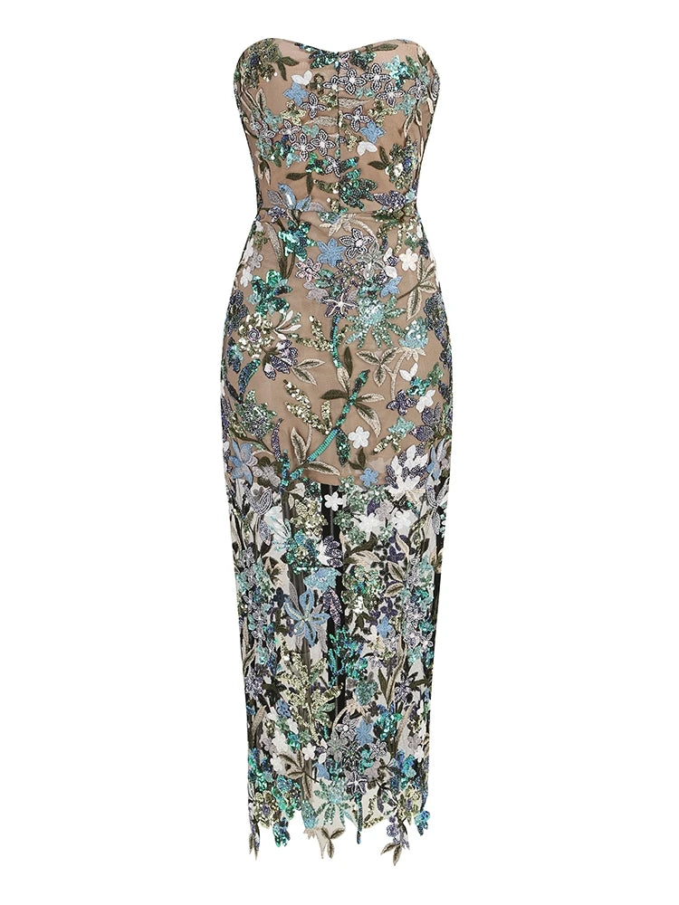 Strapless Sequin Floral Long Dress – Ankle-Length Gown