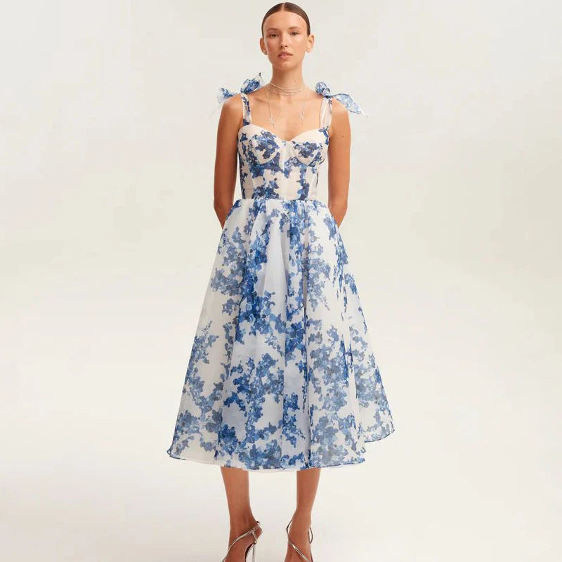 Corset Floral A-Line Dress with Wide Bow Straps