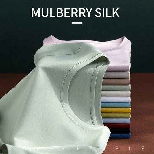 Mulberry Silk Solid Color Round Neckline T-Shirt