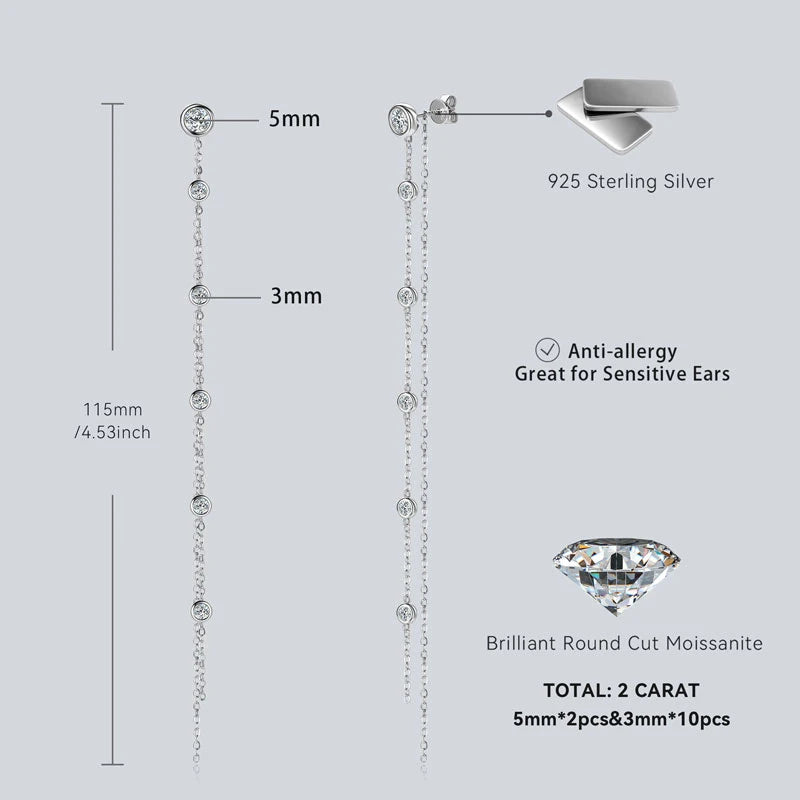 2 Carat Long Tassel Chain Moissanite Earrings