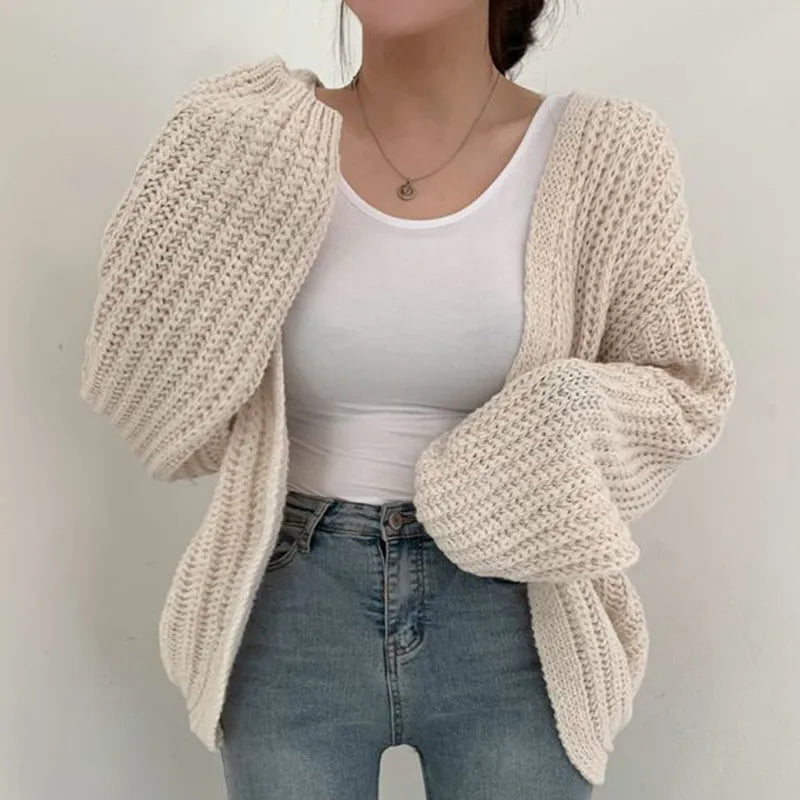 Lantern Sleeve Knitted Sweater Cardigan