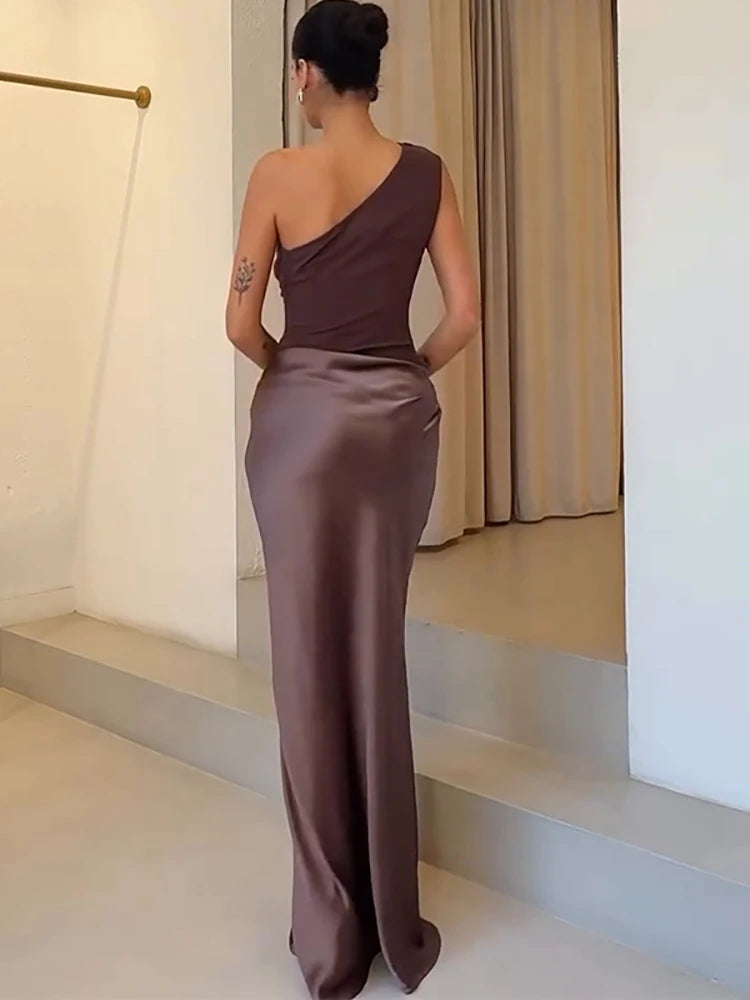 One Shoulder Patchwork Satin Floor Length Dress