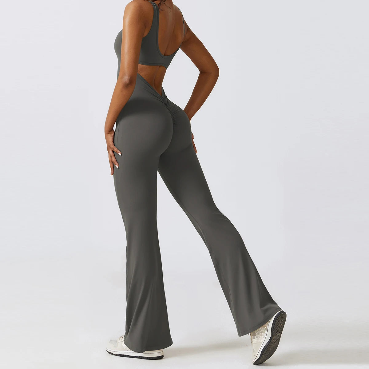 U Neckline V Back Cut Out Flare Workout Jumpsuit