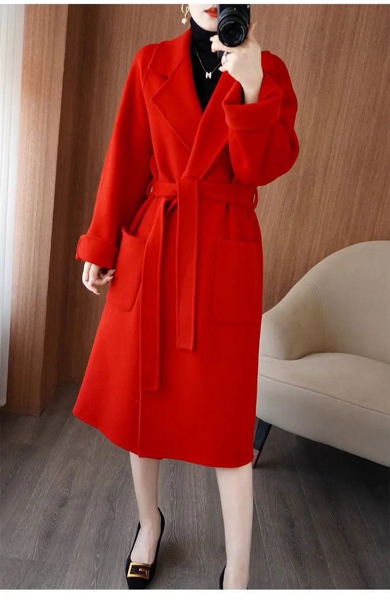 100% Cashmere-Wool Blend Belted Long Overcoat