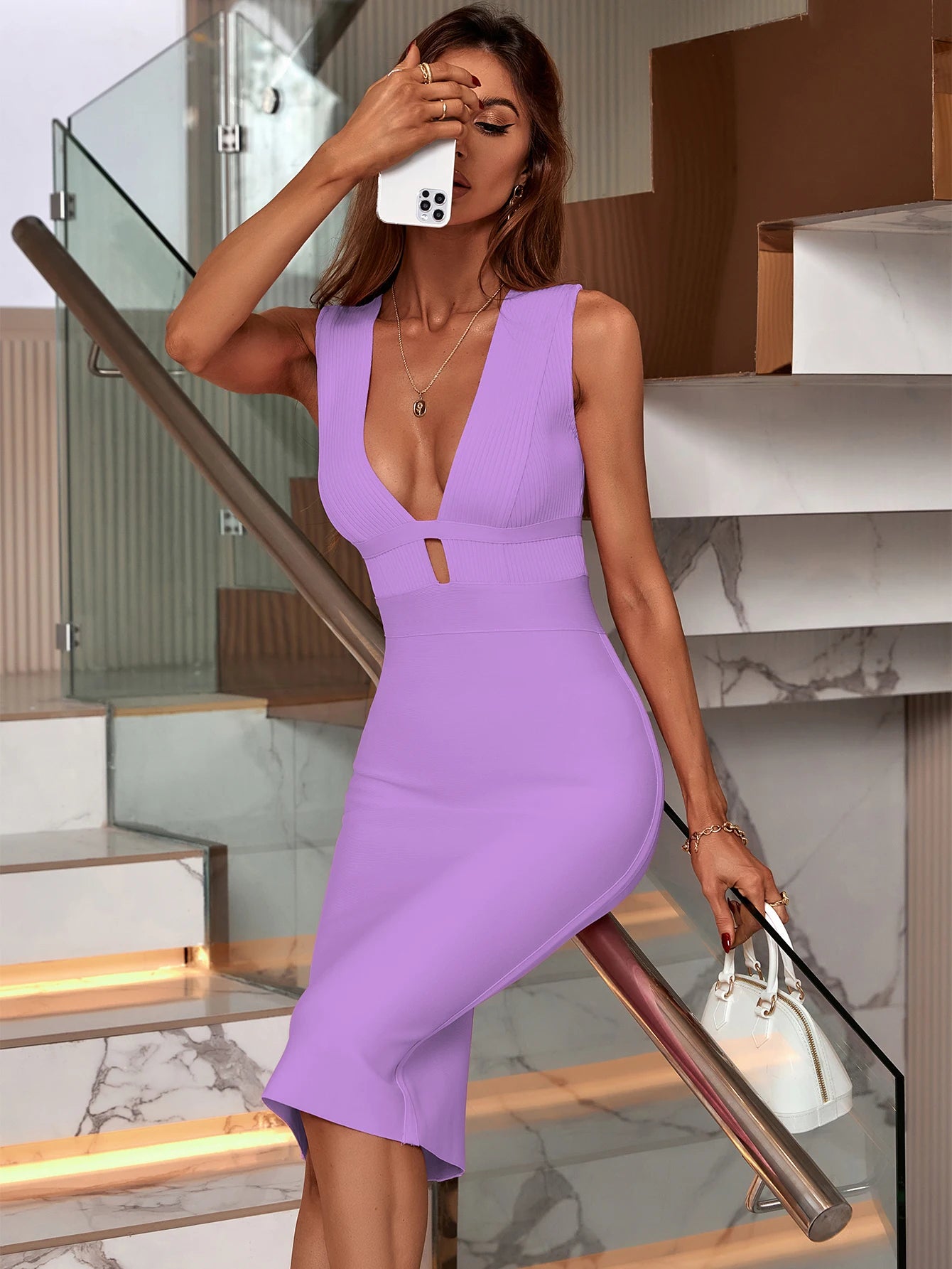 Deep V Neckline Sleeveless Lavender Bodycon Bandage Dress