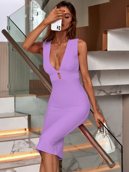 Deep V Neckline Sleeveless Lavender Bodycon Bandage Dress