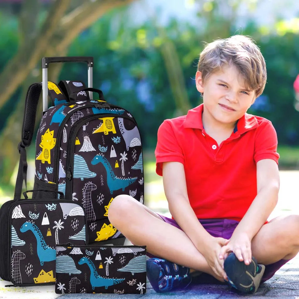 3 Pcs Kids Rolling Backpack with Lunch Bag and Pencils Case Set