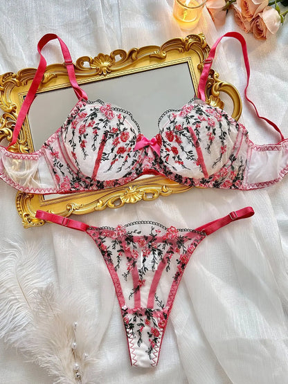 Lace Flowers Embroidery Lingerie Set - Lace Bra & Brief Underwear Set