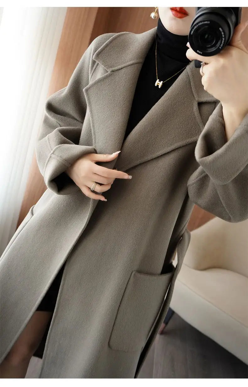 100% Cashmere-Wool Blend Belted Long Overcoat