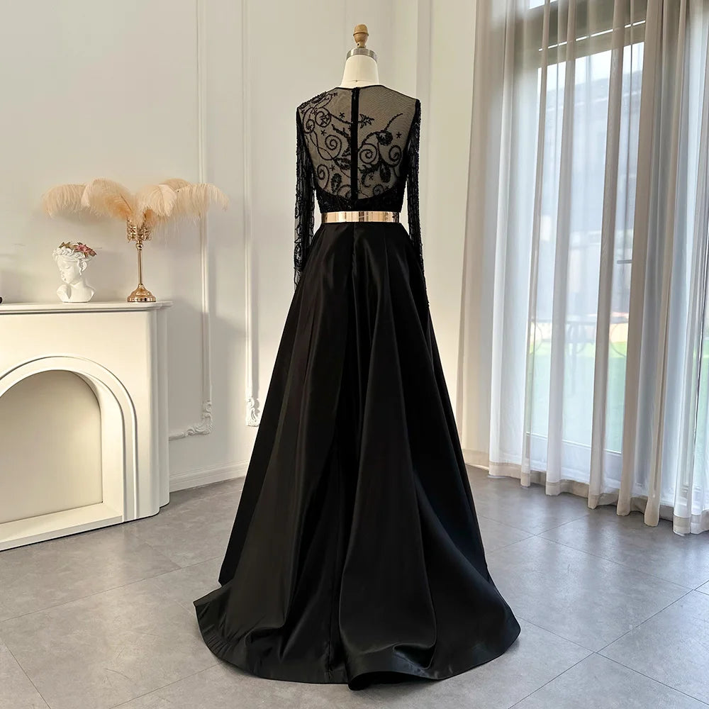 Black Tie Satin Long Sleeves Lace Details Black Evening Dress