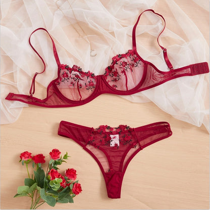 Floral Embroidery Lingerie Set Lace Bra and Thong Set